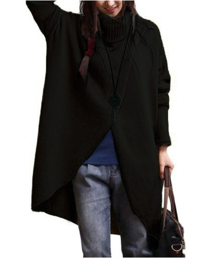 Batwing Sleeve Turtleneck Black Asymmetric Sweater